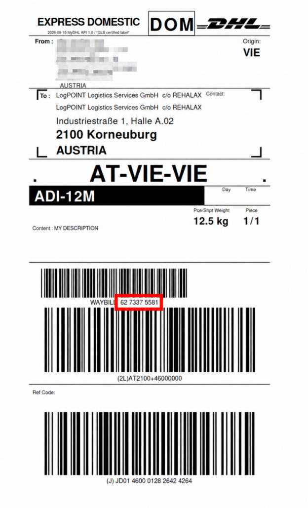 DHL-Express-Label mit markierter Retouren-Sendungsnummer und Absender-Postleitzahl